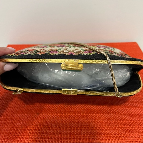 Vintage Petite Point Black Floral Needlepoint Bag with Jade-like Stone Clasp - Picture 8 of 16